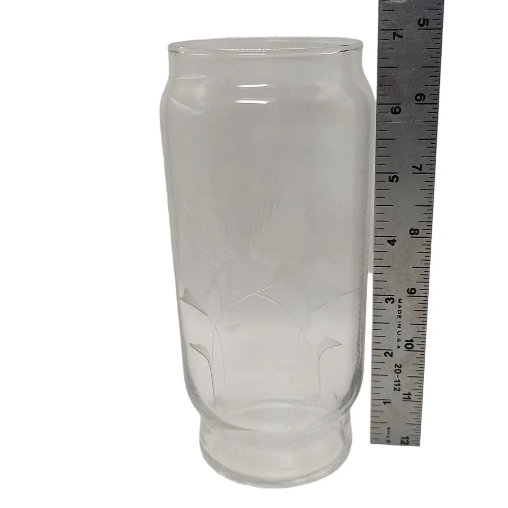 Vintage Clear Glass Vase Etched‎ Wheat Both Sides Cylinder Seven Inches 1970s